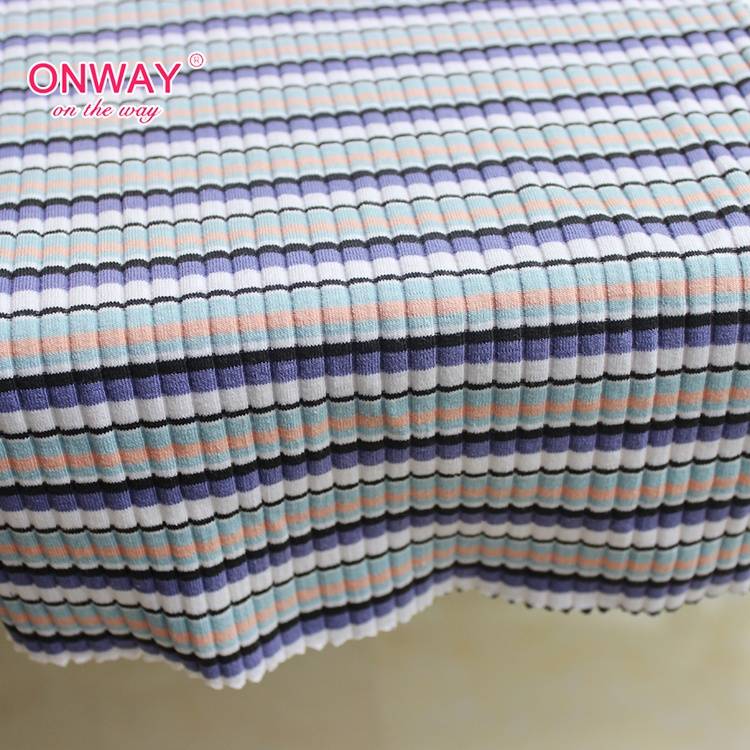 2022 Spring Yarn Dyed Rib Rainbow Stripe Knitted Cotton Polyester Spandex Fabric